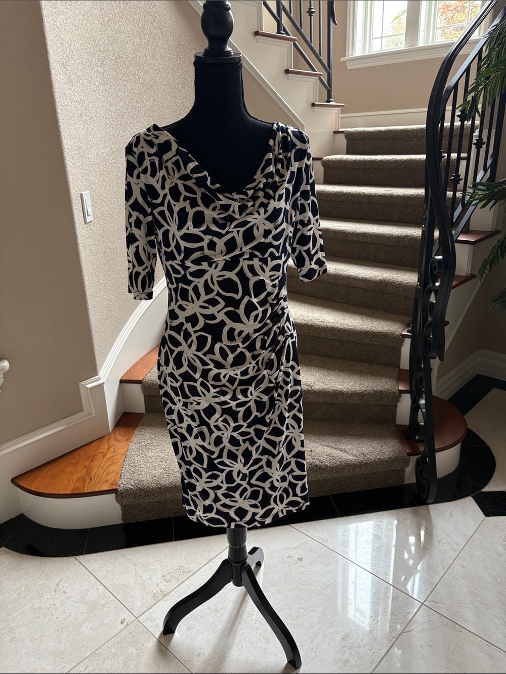 Anne Klein Black Dress with White Abstract Loop Print